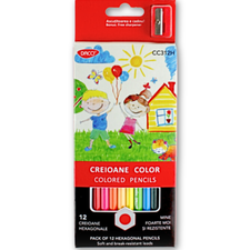 Creioane colorate DACO, hexagonale, ascutitoare, 12 culori/set - Papet