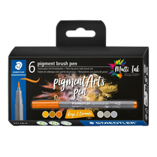 Marker cu varf pensula STAEDTLER Pigment Arts Pen Greys & Caramels, 6 culori/set - Papet