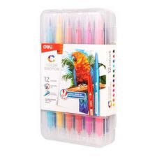 Carioci cu 2 capete, varf pensula si liner, DELI, 12 culori/set - Papet