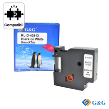 Banda laminata compatibila G&G Black on White RL-D-40913, pentru Dymo LabelManager 210D, 9 mm x 7 m - Papet