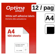 Etichete autocolante albe, colturi drepte, 12 buc/A4, 100 coli/top, OPTIMA - Papet