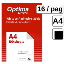 Etichete autocolante albe, colturi drepte, 16 buc/A4, 100 coli/top, OPTIMA - Papet