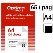 Etichete autocolante albe, colturi drepte, 65 buc/A4, 100 coli/top, OPTIMA - Papet