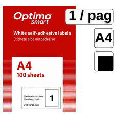 Etichete autocolante albe, colturi drepte, 1 buc/A4, 100 coli/top, OPTIMA - Papet