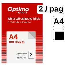 Etichete autocolante albe, colturi drepte, 2 buc/A4, 100 coli/top, OPTIMA - Papet