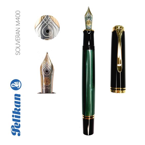 Stilou cu penita aur 14K, accesorii placate cu aur, PELIKAN Souveran M400 M, Negru-Verde - 2Papet