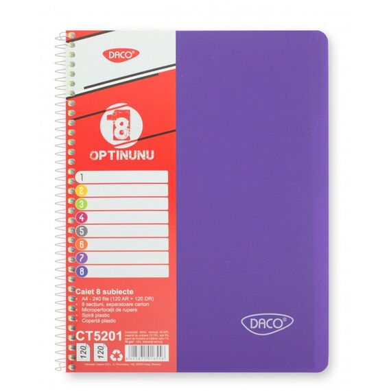 Caiet A4 cu spirala, coperta plastic , 240 file, 8 subiecte, DACO - 3Papet