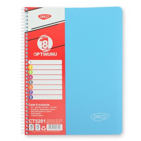 Caiet A4 cu spirala, coperta plastic , 240 file, 8 subiecte, DACO - 2Papet