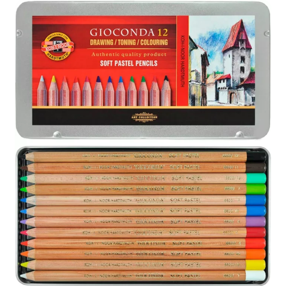 Creioane pastel uscat KOH-I-NOOR Gioconda in cutie metalica, 12 culori/set - Papet