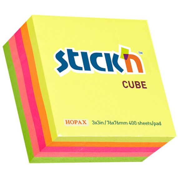 Cub notite autoadezive 76 x 76 mm, 400 file, 5 culori neon, STICK'N - Papet