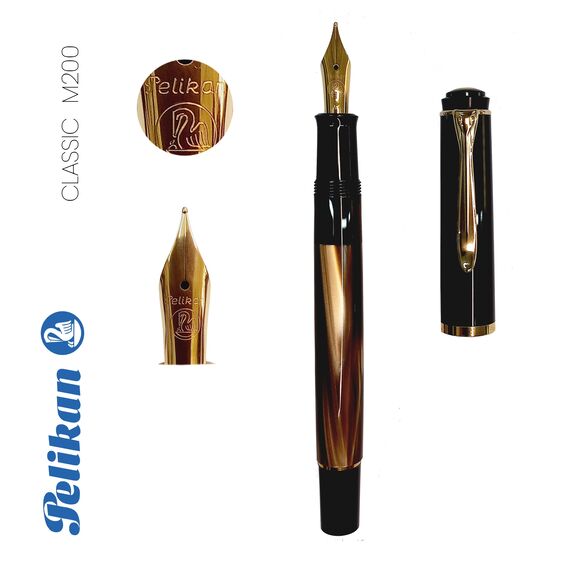 Stilou cu accesorii placate cu aur, PELIKAN Classic M200 F cu piston, Maroniu Marmorat - 2Papet