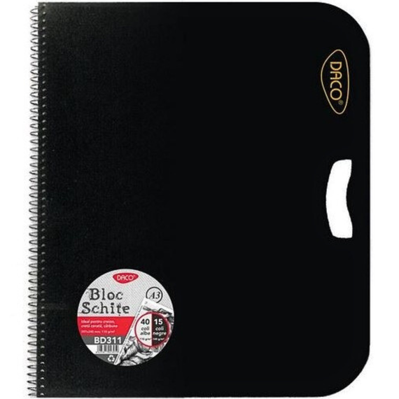 Bloc desen si schite A3 cu spirala si manere, hartie alba-neagra, 100g/mp, 55 file, DACO - Papet