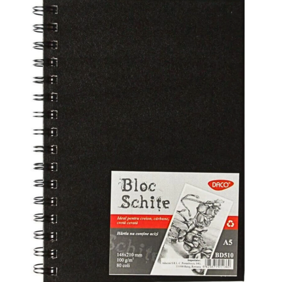 Bloc de desen si schite A5 cu spirala, 100g/mp, 80 file, DACO - Papet