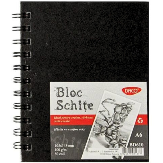 Bloc de desen si schite A6 cu spirala, 100g/mp 80 file, DACO - Papet