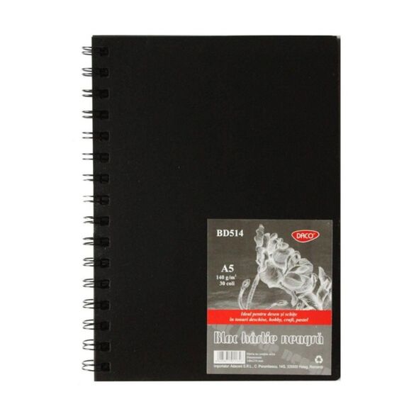 Bloc de desen si schite A5 cu spirala si hartie neagra,140g/mp, 30 file, DACO - Papet
