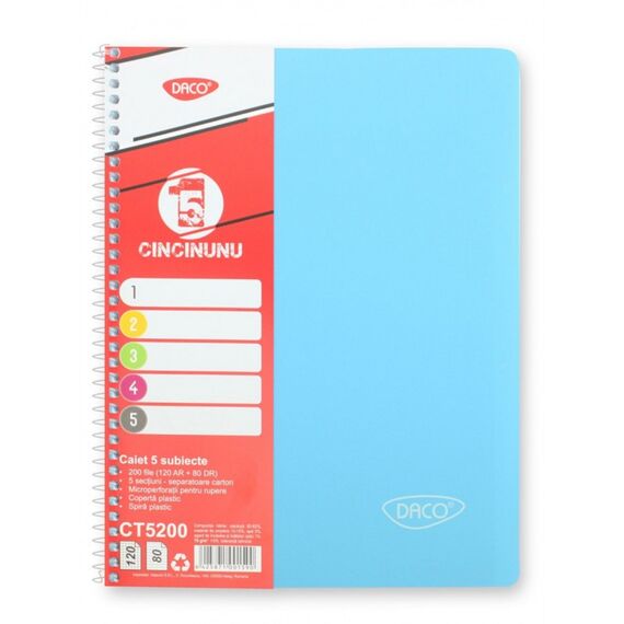 Caiet A4 cu spirala, 5 subiecte, coperta plastic, 200 file, DACO Eminent - 4Papet