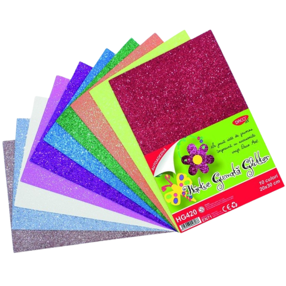 Hartie Gumata Glitter Autoadeziva DACO 10 coli, 10 culori/set, 20x30cm - Papet