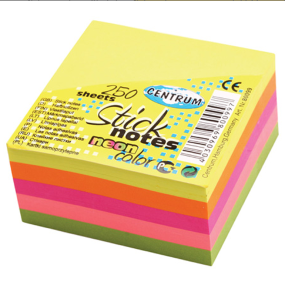 Cub notite autoadezive 51 x 51 mm, 250 file, 5 culori neon, CENTRUM - Papet
