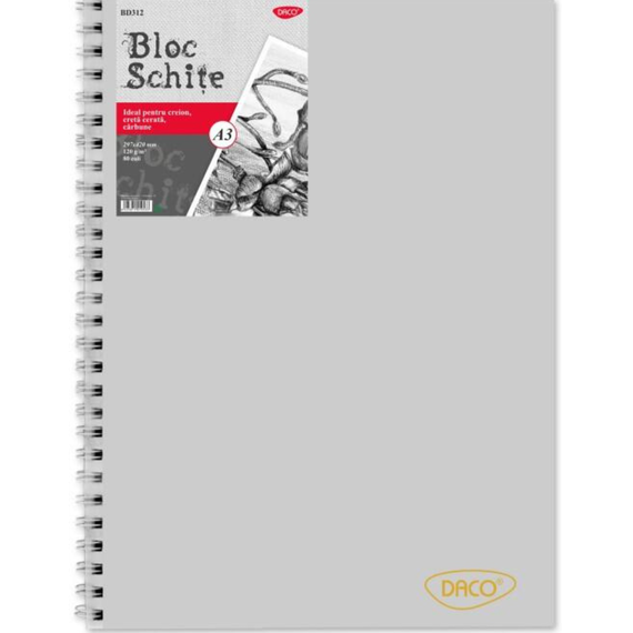 Bloc desen si schite A3 cu spirala, 120g/mp, 80 file, DACO - Papet