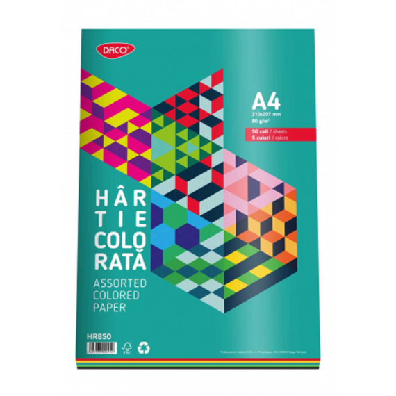 Hartie colorata A4, 5 culori/top, DACO, 80g/mp, 50coli/top - 2Papet