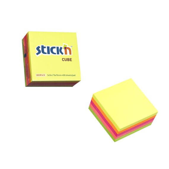 Cub notite autoadezive 76 x 76 mm, 400 file, 5 culori neon, STICK'N - 2Papet