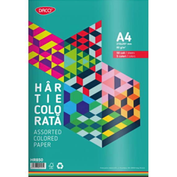 Hartie colorata A4, 5 culori/top, DACO, 80g/mp, 50coli/top - Papet