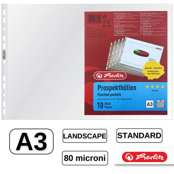 File protectie transparente, 80 microni, 10 buc/set, A3 landscape, HERLITZ - Papet