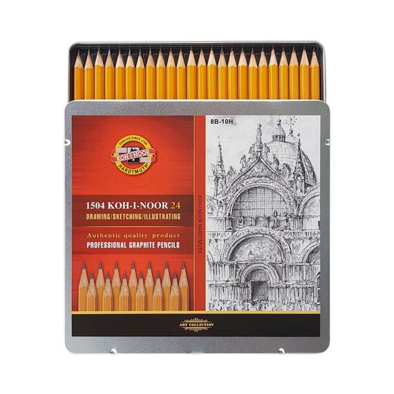 Set creioane grafit K1500 KOH-I-NOOR Arta 8B-10H in cutie metalica - Papet