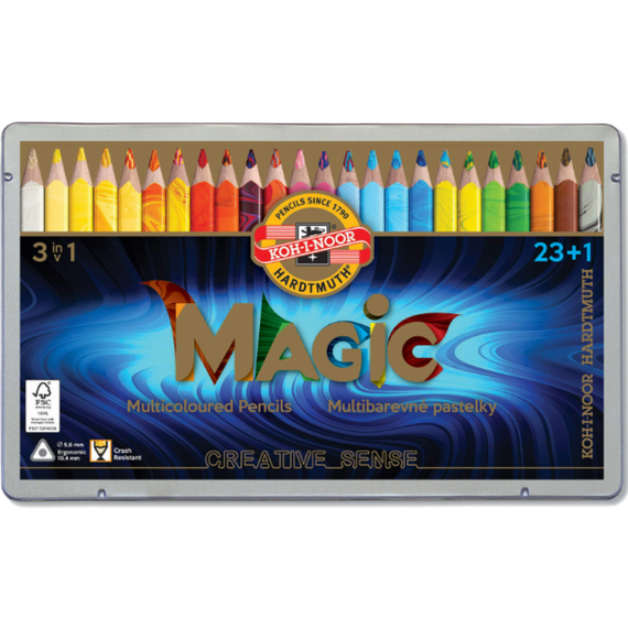 Creioane colorate KOH-I-NOOR Magic Jumbo, cutie metalica, 24 culori/set - Papet