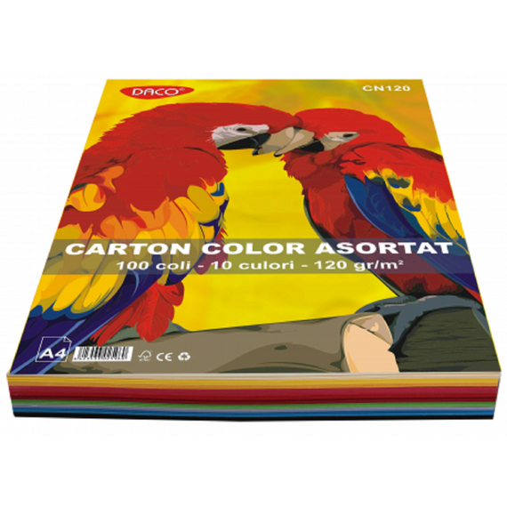 Carton colorat A4, 10 culori/top, DACO, 120 g/mp, 100 coli/top - Papet