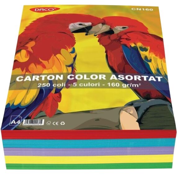 Carton colorat A4, 5 culori/top, DACO, 160 g/mp, 250 coli/top - Papet