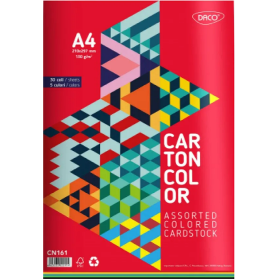 Carton colorat A4, 5 culori/top, DACO, 160 g/mp, 30 coli/top - Papet