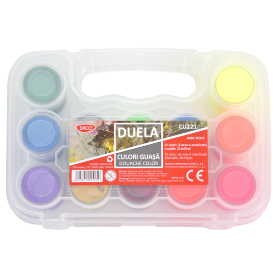 Culori guasa DACO Duela, 20 ml, 6 culori Neon si 6 culori Metalizate - Papet