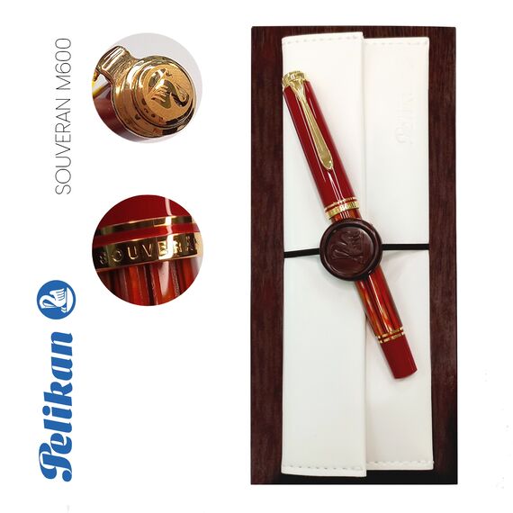 Stilou PELIKAN Souveran M600 F penita aur 18K, accesorii placate cu aur, corp Tortoiseshell-Red - Papet