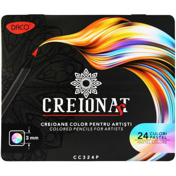 Creioane colorate DACO Pastel, cutie metalica, 24 culori/set - Papet