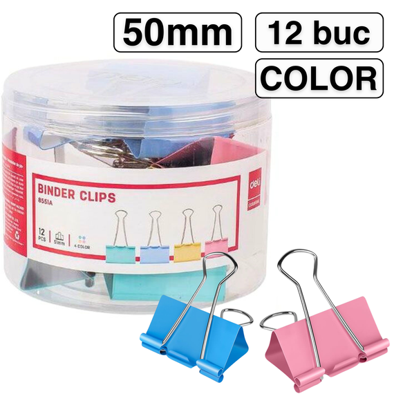 Clips color 50mm, 12 buc/cutie, DELI - Papet