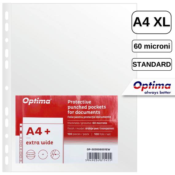 File protectie transparente, 60 microni, 100 buc/set, A4 XL Extra Wide, OPTIMA - Papet