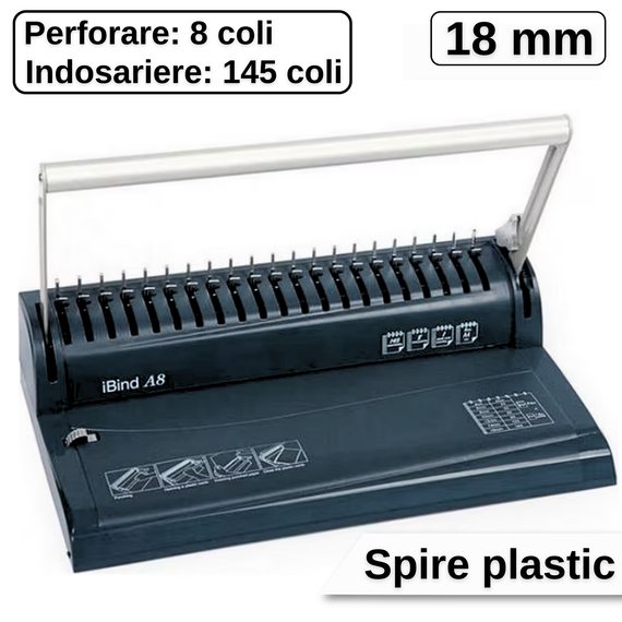 Aparat de indosariat cu spire din plastic max. 18 mm, capacitate perforare 8 coli, iBIND A8 - Papet