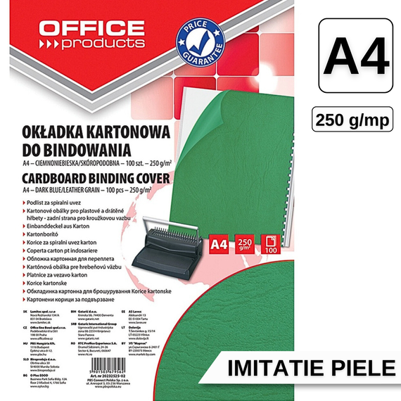 Coperti carton imitatie piele, A4, 250g/mp, verde, OFFICE PRODUCTS, 100/top - Papet