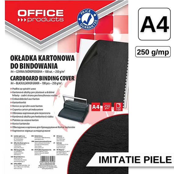 Coperti carton imitatie piele, A4, 250g/mp, A4, negru, OFFICE PRODUCTS, 100 coli/top - Papet