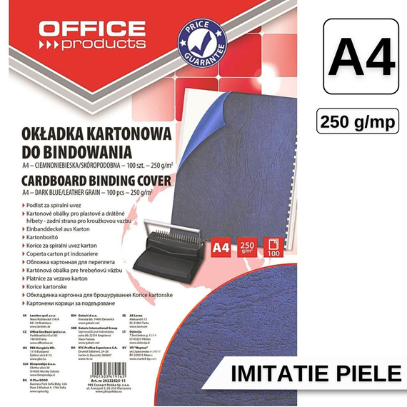 Coperti carton imitatie piele, A4, 250g/mp, albastru, OFFICE PRODUCTS, 100 coli/top - Papet