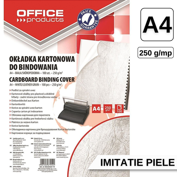 Coperti carton imitatie piele, A4, 250g/mp, alb, OFFICE PRODUCTS, 100 coli/top - Papet