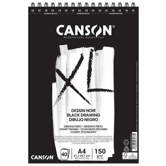 Bloc de desen A4 cu spirala, hartie neagra, 150 g/mp, 40 file CANSON XL Dessin Noir - Papet