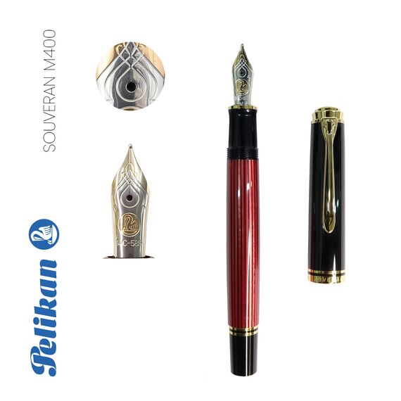 Stilou cu penita aur 14K, accesorii placate cu aur, PELIKAN Souveran M400 M, Negru-Rosu - 2Papet