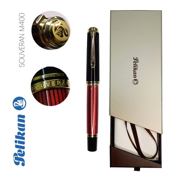 Stilou cu penita aur 14K, accesorii placate cu aur, PELIKAN Souveran M400 M, Negru-Rosu - Papet