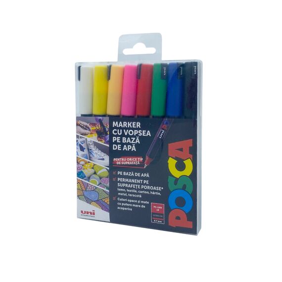 Marker Uni PC-1MR POSCA 0.7 mm, varf fin metalic, set 8 culori - Papet