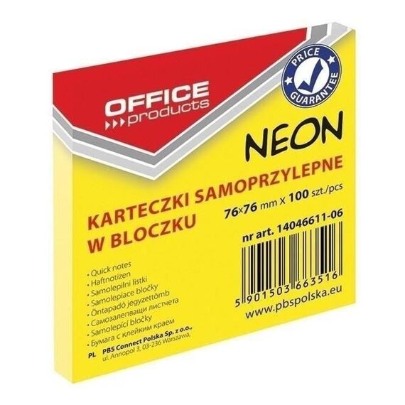 Notes autoadeziv 76 x 76 mm, 100 file, culori neon, OFFICE PRODUCTS, ALEGE CULOAREA: Galben Neon - 2Papet