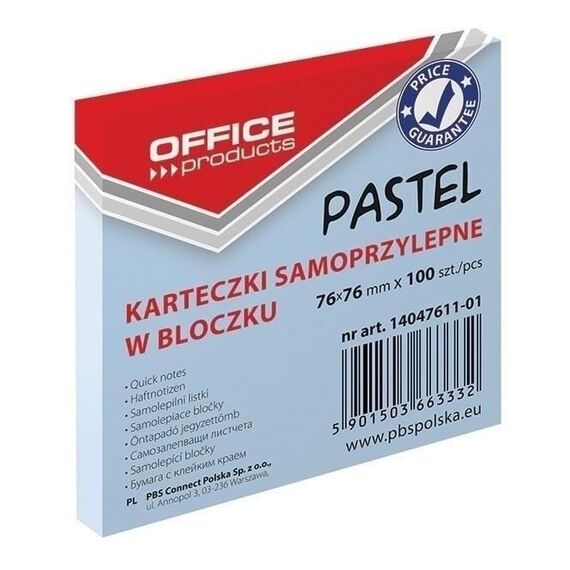 Notes autoadeziv 76 x 76 mm, 100 file, culori pastel, OFFICE PRODUCTS, ALEGE CULOAREA: Albastru pastel - 2Papet