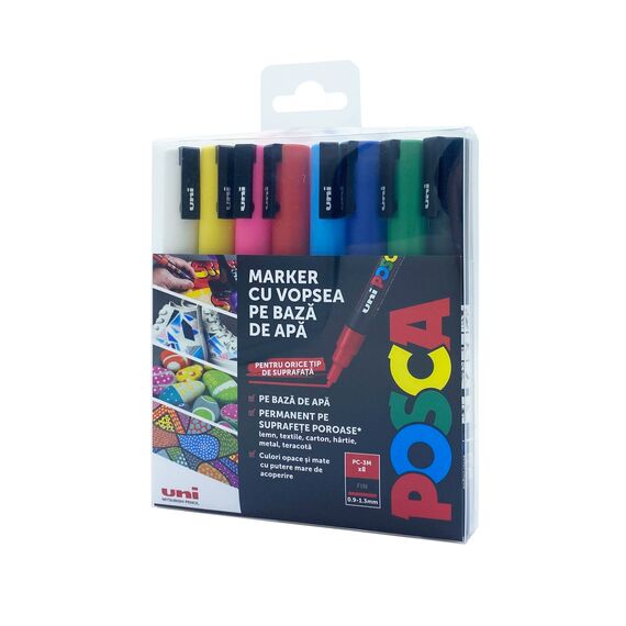 Marker cu vopsea 0.9-1.3mm, varf rotund, 8buc/set, Uni Posca PC-3M M1483 - Papet