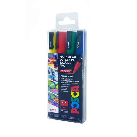 Marker cu vopsea 0.9-1.3mm, varf rotund, 4buc/set, Uni Posca PC-3M M1505 - Papet
